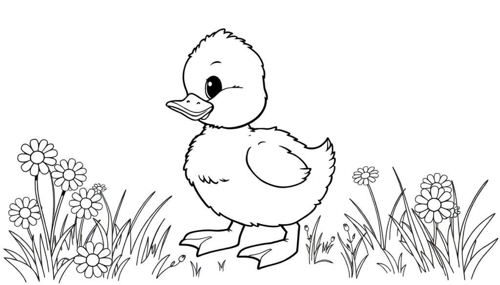 A cute black and white duckling in a daisy field, a color panel for kids.