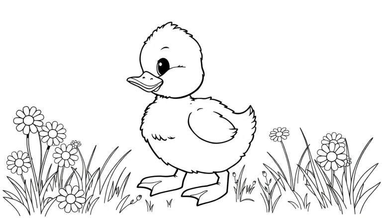 A cute black and white duckling in a daisy field, a color panel for kids.