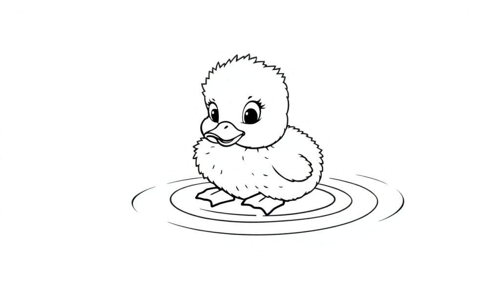 A fluffy duckling in a black and white color panel, splashing in a pond.