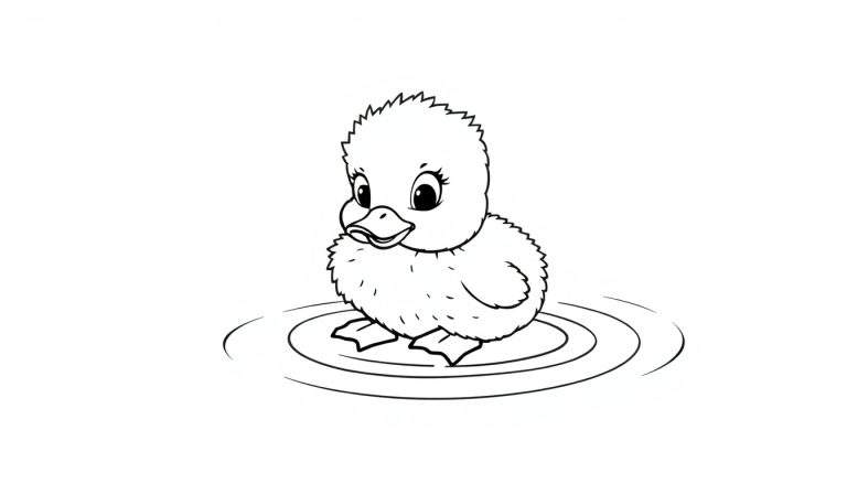 A fluffy duckling in a black and white color panel, splashing in a pond.