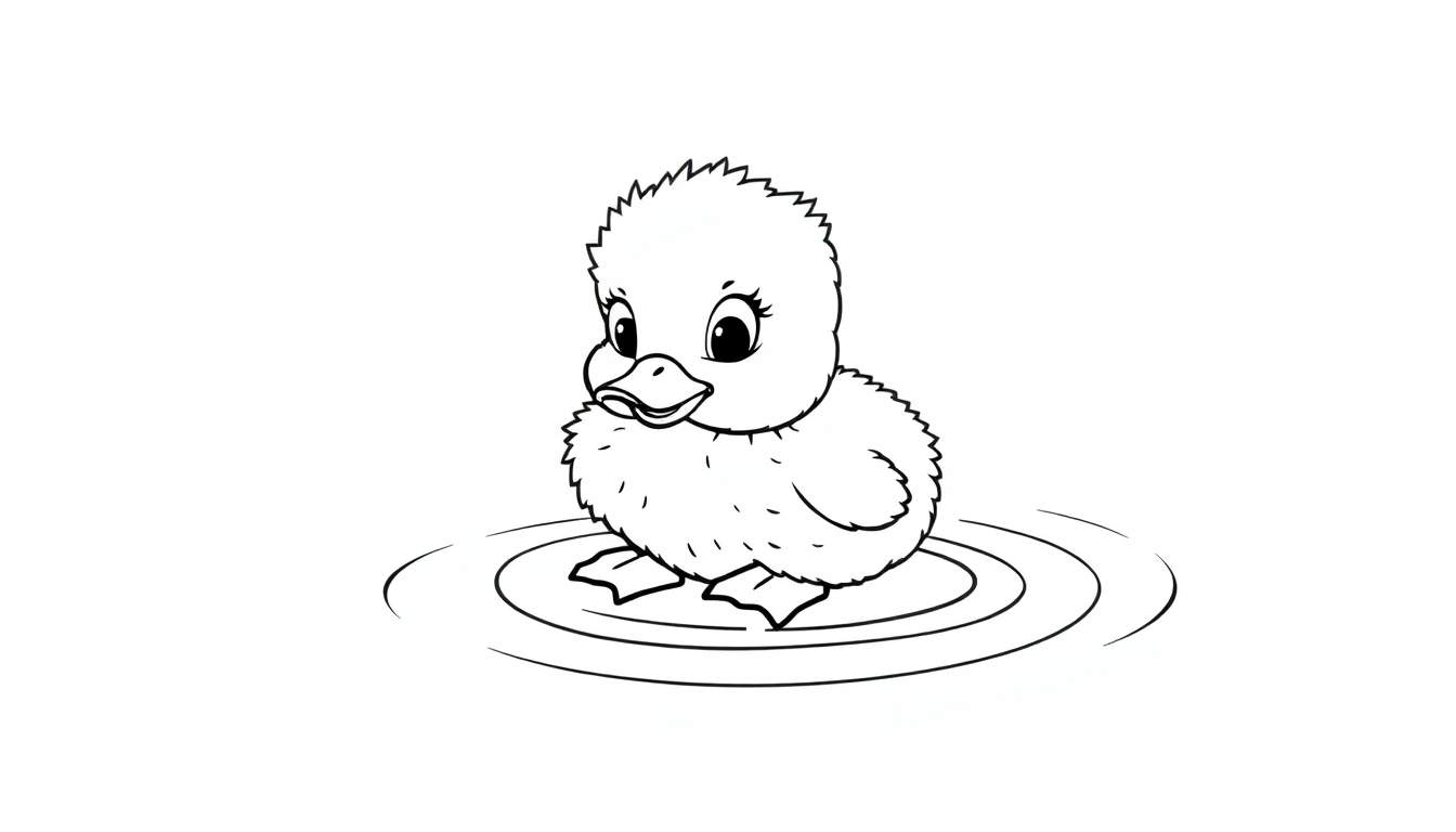 A fluffy duckling in a black and white color panel, splashing in a pond.