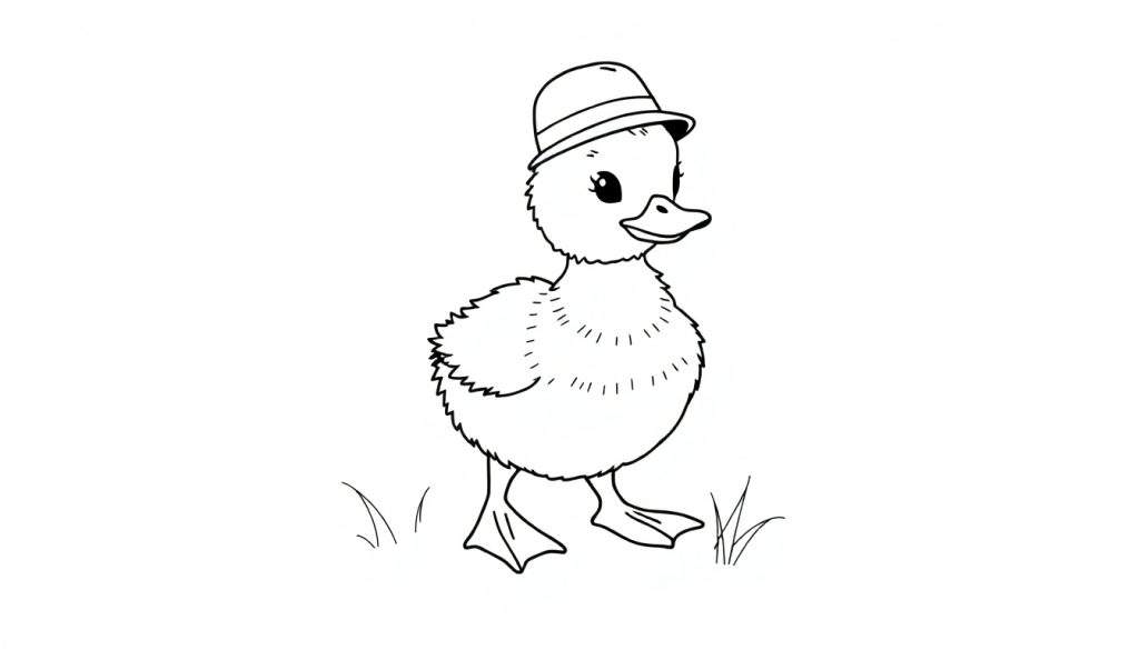 A cute black and white cartoon duckling wearing a hat, ready for a coloring panel.