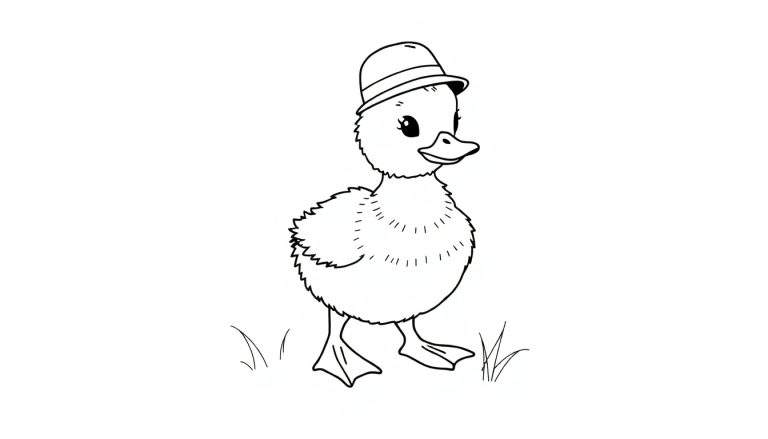 A cute black and white cartoon duckling wearing a hat, ready for a coloring panel.