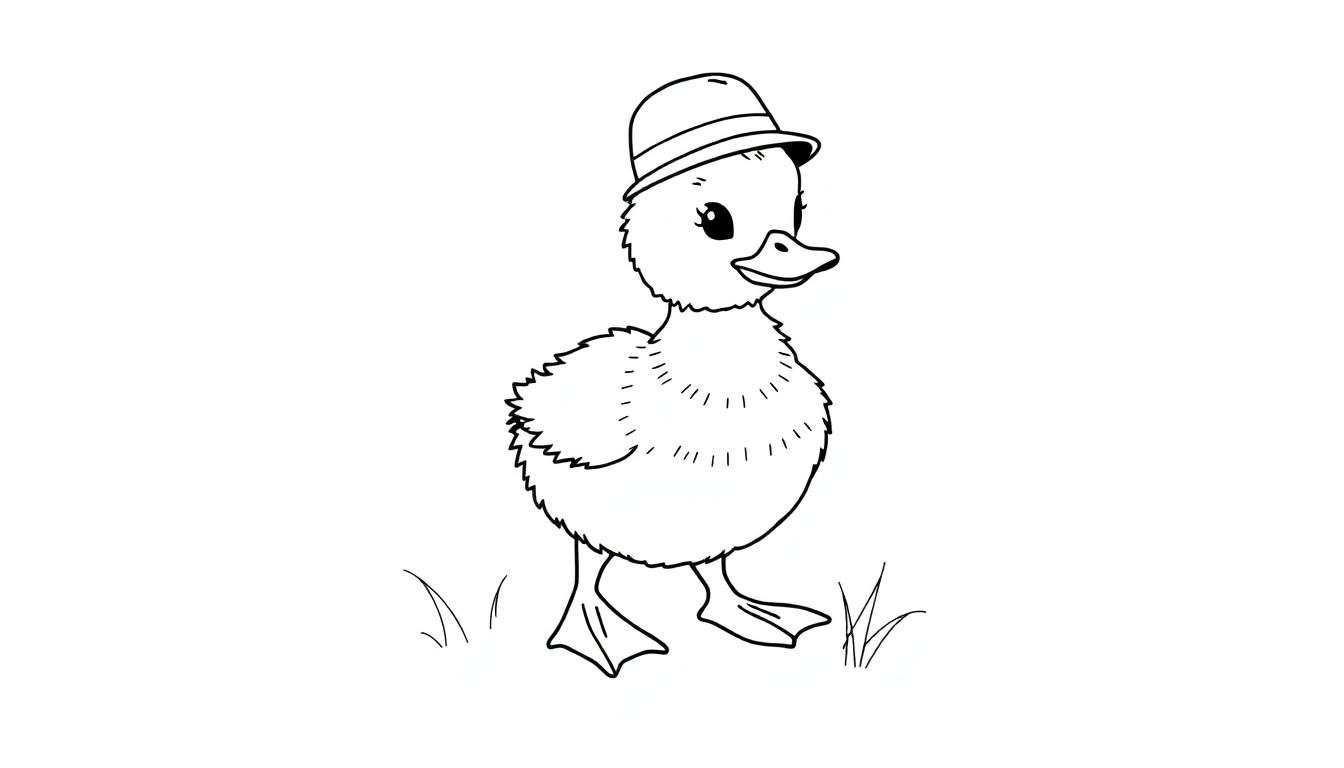 A cute black and white cartoon duckling wearing a hat, ready for a coloring panel.
