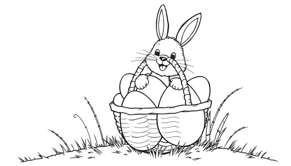 A cute Easter bunny in a basket filled with Easter eggs, ready for coloring – a delightful color panel.