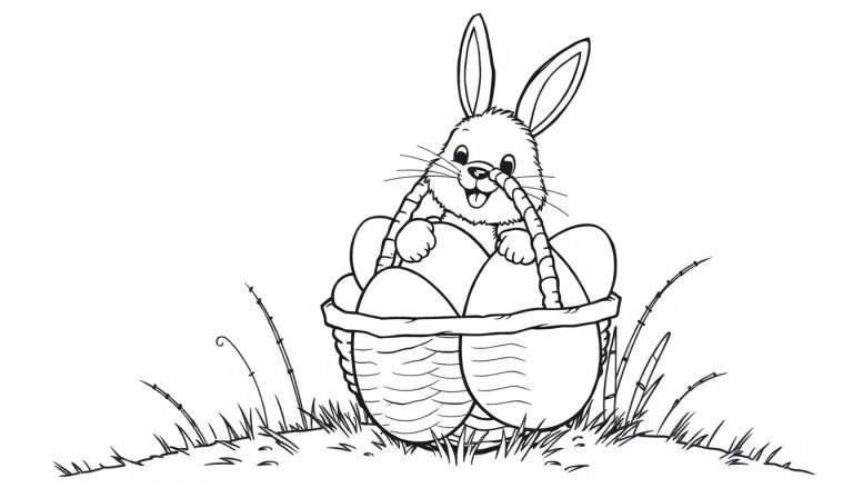 A cute Easter bunny in a basket filled with Easter eggs, ready for coloring – a delightful color panel.