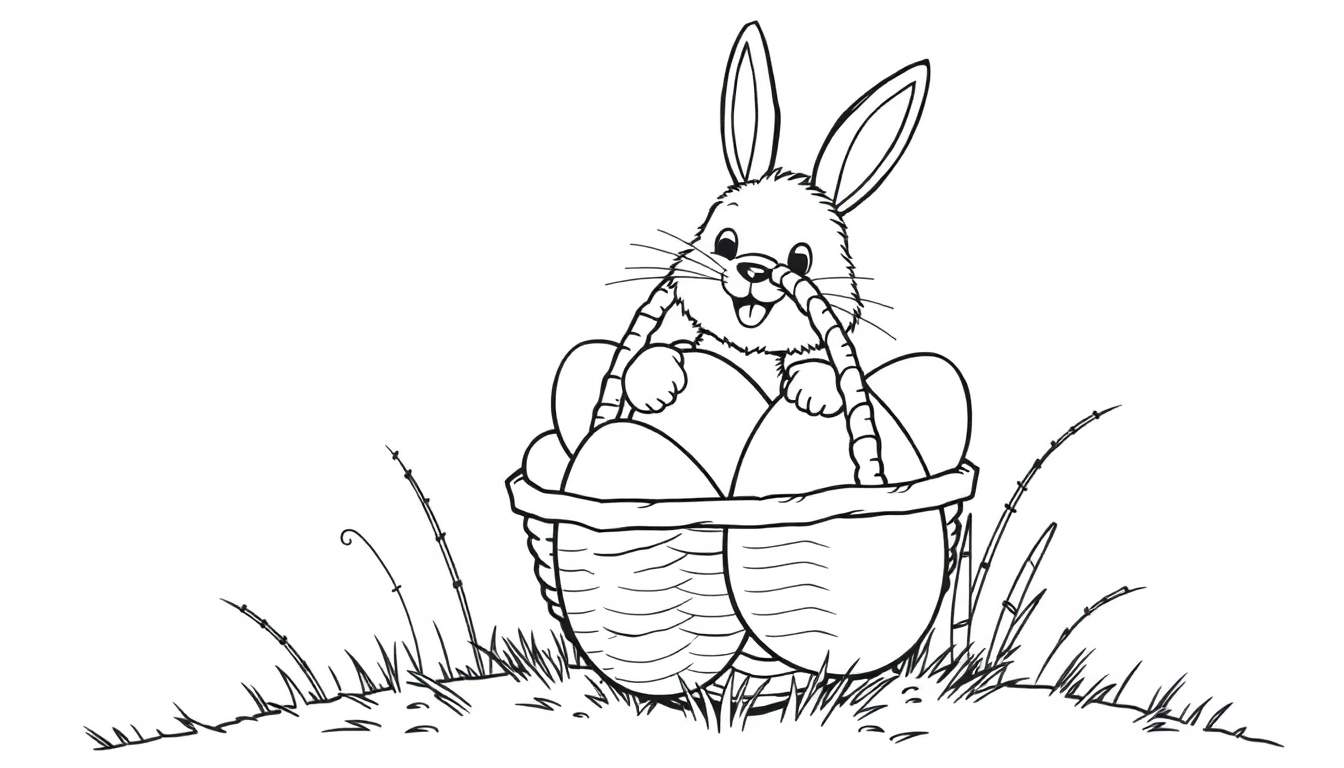 A cute Easter bunny in a basket filled with Easter eggs, ready for coloring – a delightful color panel.