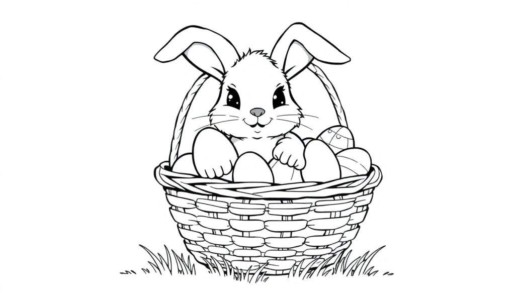 A black and white cartoon Easter bunny sitting in a basket with Easter eggs, ready for coloring. This color panel shows a happy bunny.