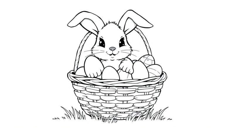 A black and white cartoon Easter bunny sitting in a basket with Easter eggs, ready for coloring. This color panel shows a happy bunny.