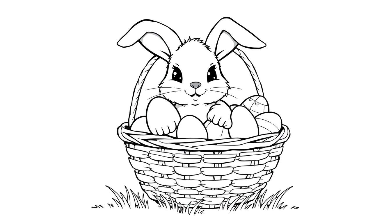 A black and white cartoon Easter bunny sitting in a basket with Easter eggs, ready for coloring. This color panel shows a happy bunny. 