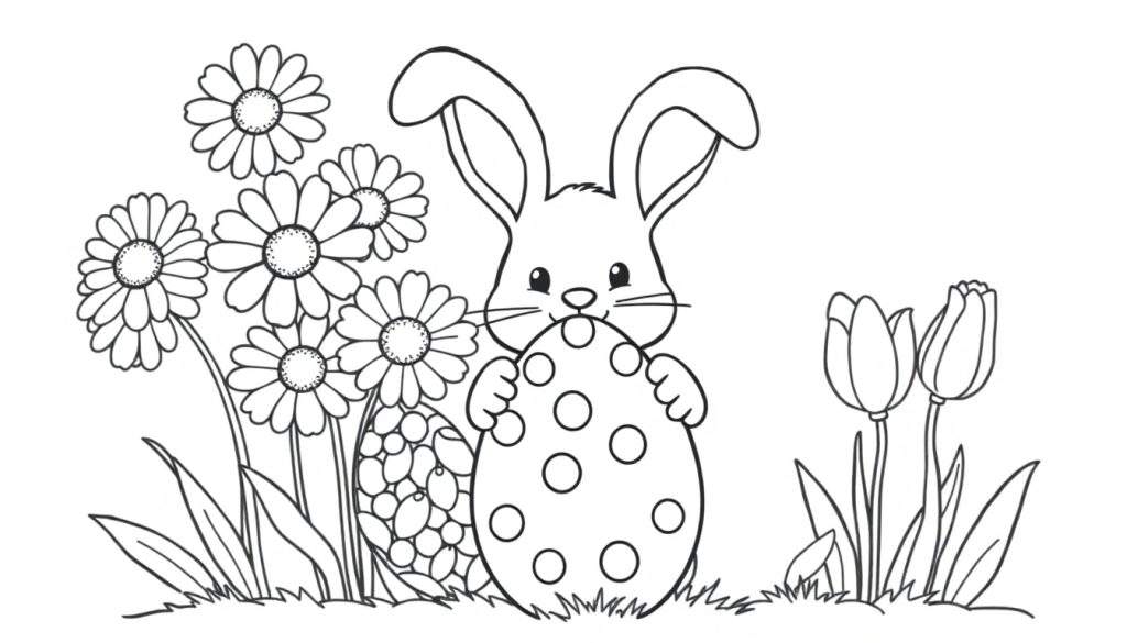 A black and white color panel of a cute bunny with an Easter egg and flowers.