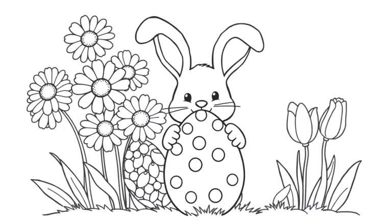 A black and white color panel of a cute bunny with an Easter egg and flowers.