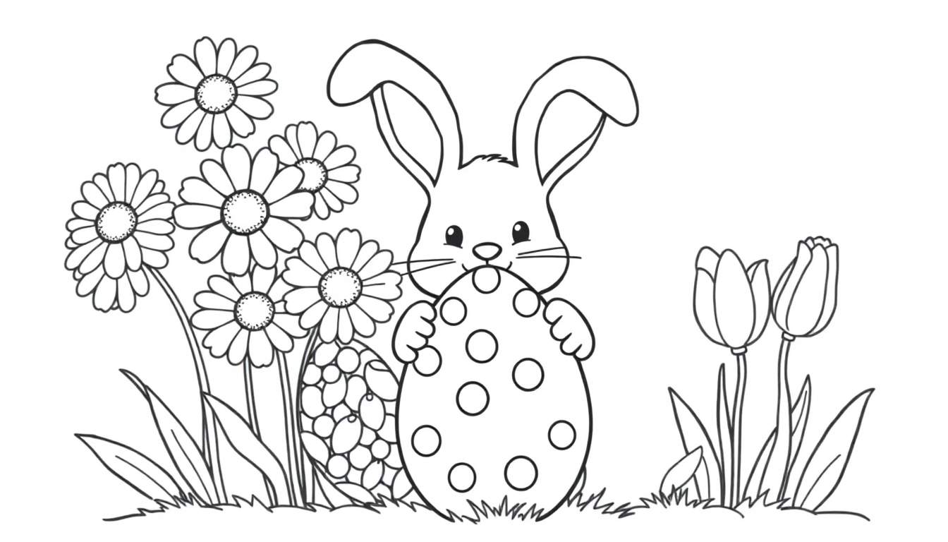 A black and white color panel of a cute bunny with an Easter egg and flowers.