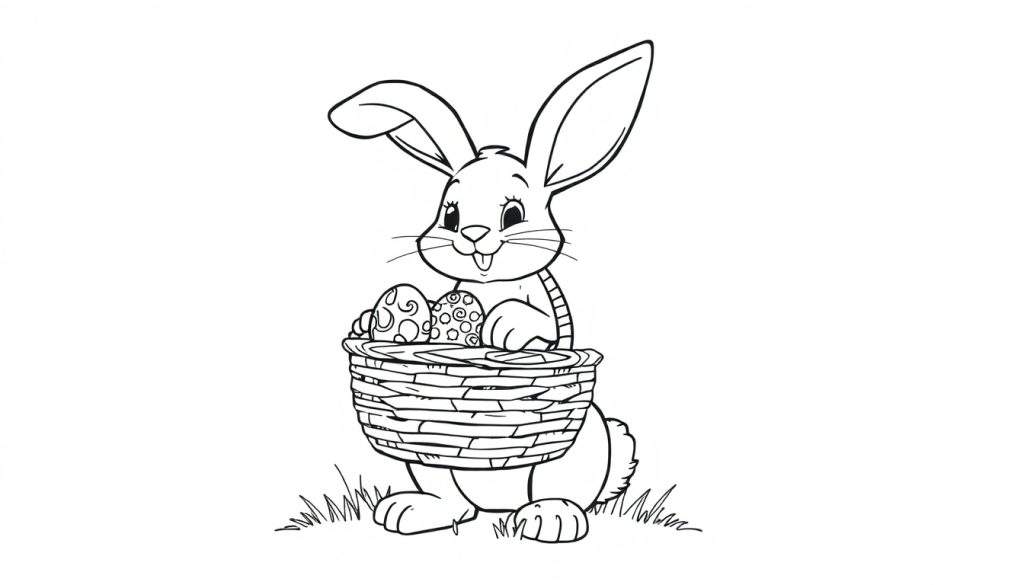 A black and white color panel of a cute Easter bunny holding a basket of eggs.