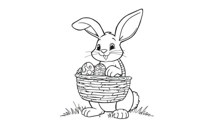 A black and white color panel of a cute Easter bunny holding a basket of eggs.