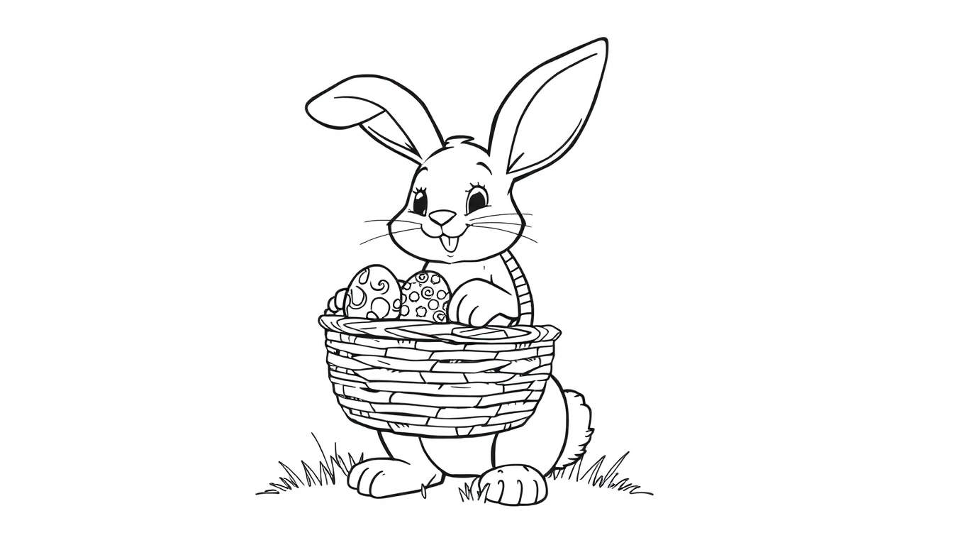 A black and white color panel of a cute Easter bunny holding a basket of eggs.