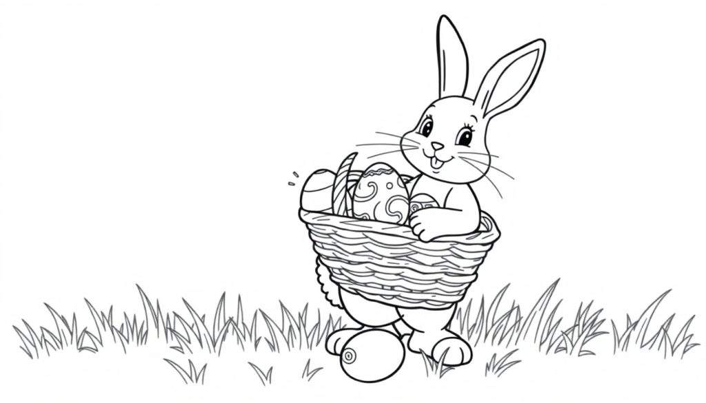 A black and white drawing of a bunny holding a basket of Easter eggs, perfect for a coloring panel.