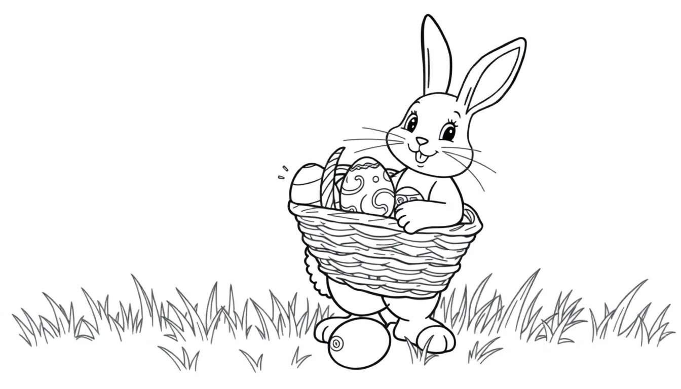 A black and white drawing of a bunny holding a basket of Easter eggs, perfect for a coloring panel.