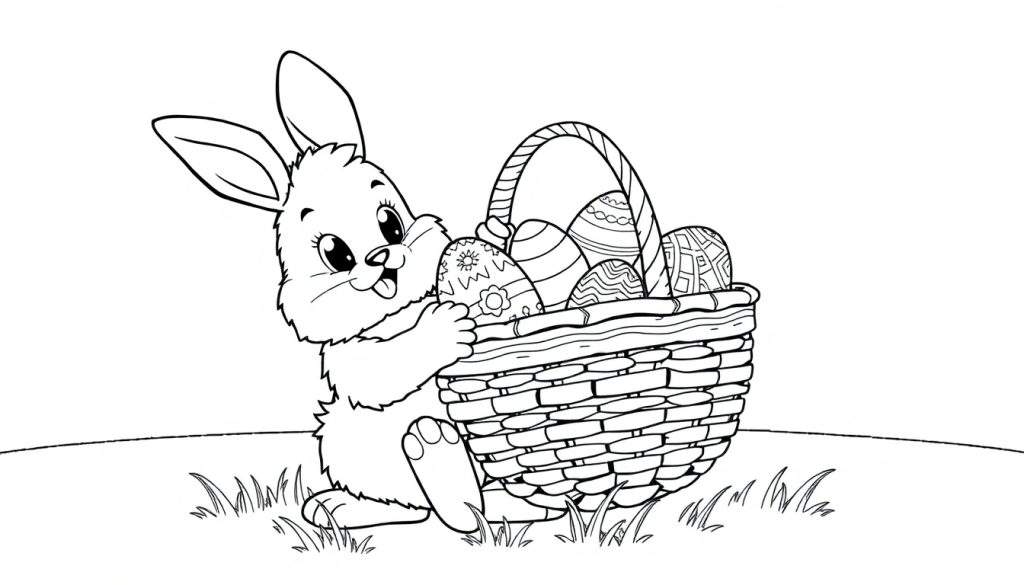 A fluffy bunny with a basket of colorful Easter eggs, black and white color panel.
