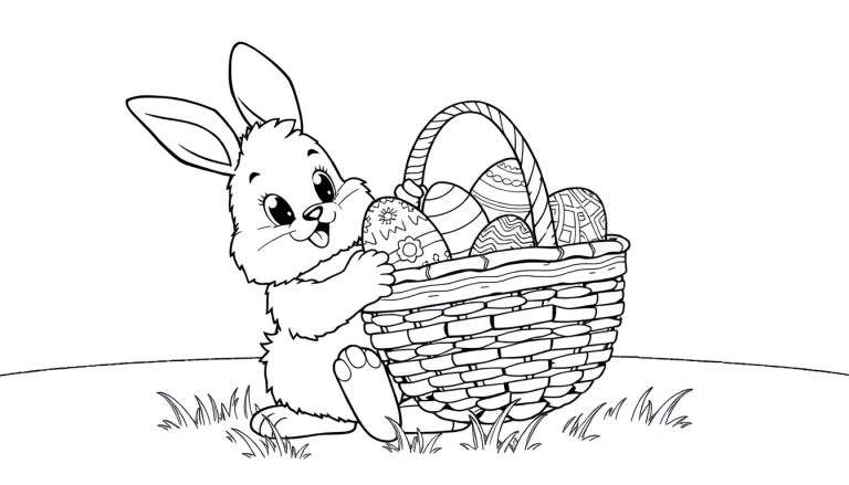 A fluffy bunny with a basket of colorful Easter eggs, black and white color panel.