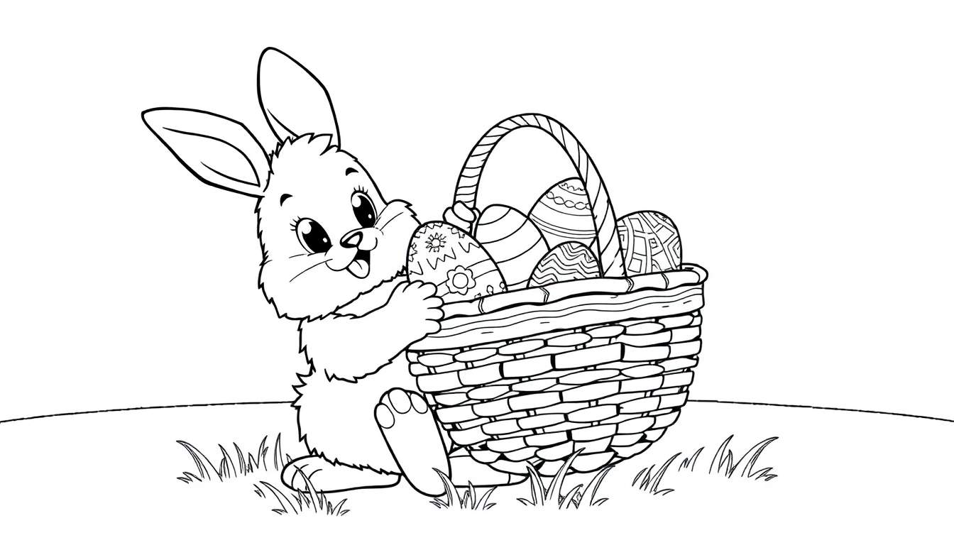 A fluffy bunny with a basket of colorful Easter eggs, black and white color panel.