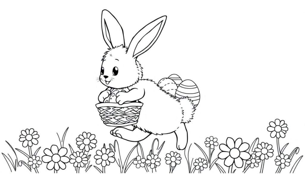 A cute fluffy bunny with long ears, holding a basket full of colorful Easter eggs, for a black and white coloring page color panel.