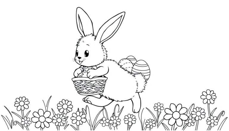 A cute fluffy bunny with long ears, holding a basket full of colorful Easter eggs, for a black and white coloring page color panel.
