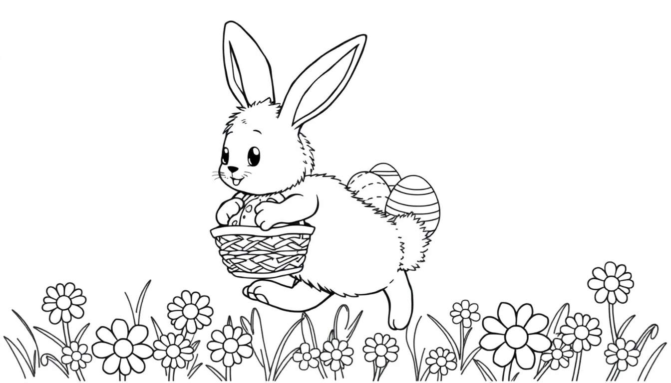 A cute fluffy bunny with long ears, holding a basket full of colorful Easter eggs, for a black and white coloring page color panel.