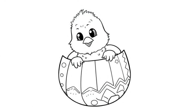 A black and white color panel featuring a cute chick peeking out of a decorated Easter egg.