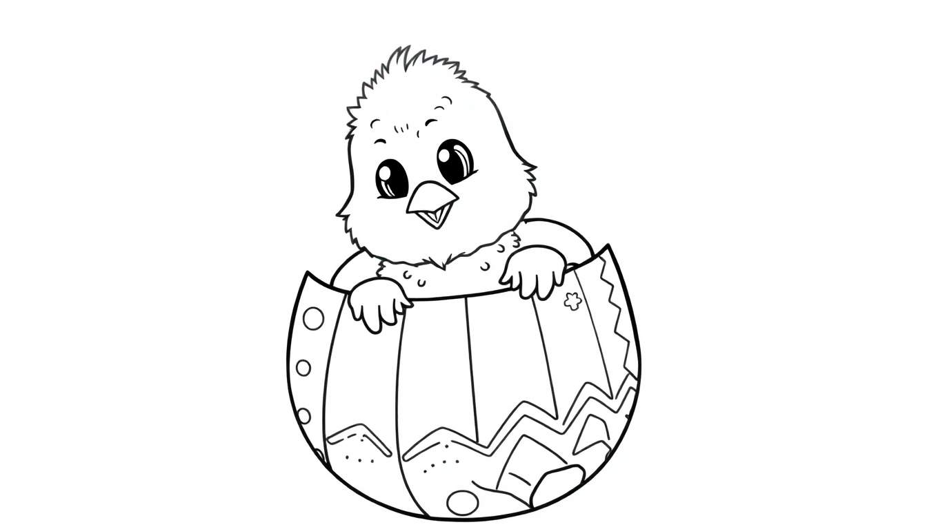 A black and white color panel featuring a cute chick peeking out of a decorated Easter egg.