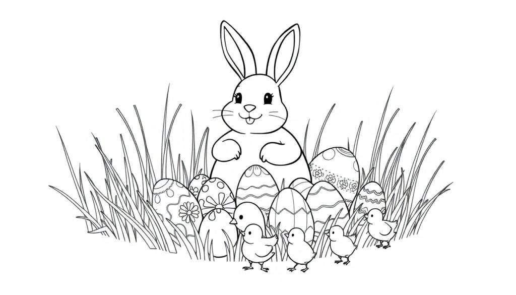 A cheerful Easter scene coloring page with an Easter Bunny, decorated eggs, and chicks in tall grass, ready for coloring.