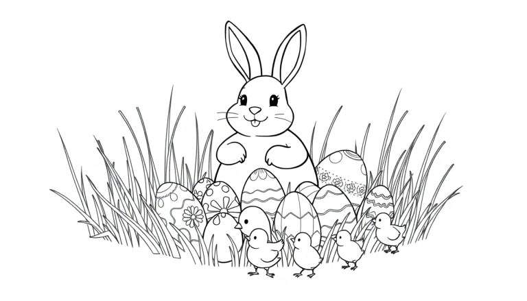 A cheerful Easter scene coloring page with an Easter Bunny, decorated eggs, and chicks in tall grass, ready for coloring.