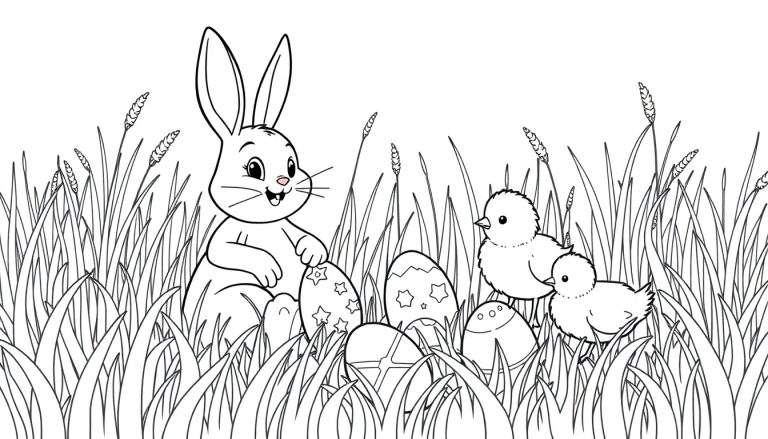 A black and white line art coloring page of a cheerful Easter scene. It features a friendly Easter Bunny, decorated eggs, and cute chicks in tall grass.