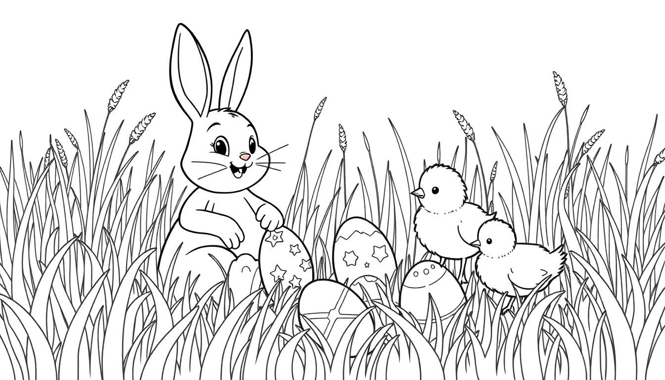 A black and white line art coloring page of a cheerful Easter scene. It features a friendly Easter Bunny, decorated eggs, and cute chicks in tall grass.