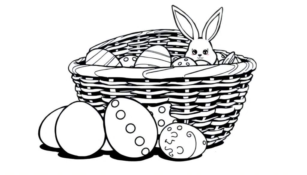 Black and white Easter color panel with a basket and bunny.