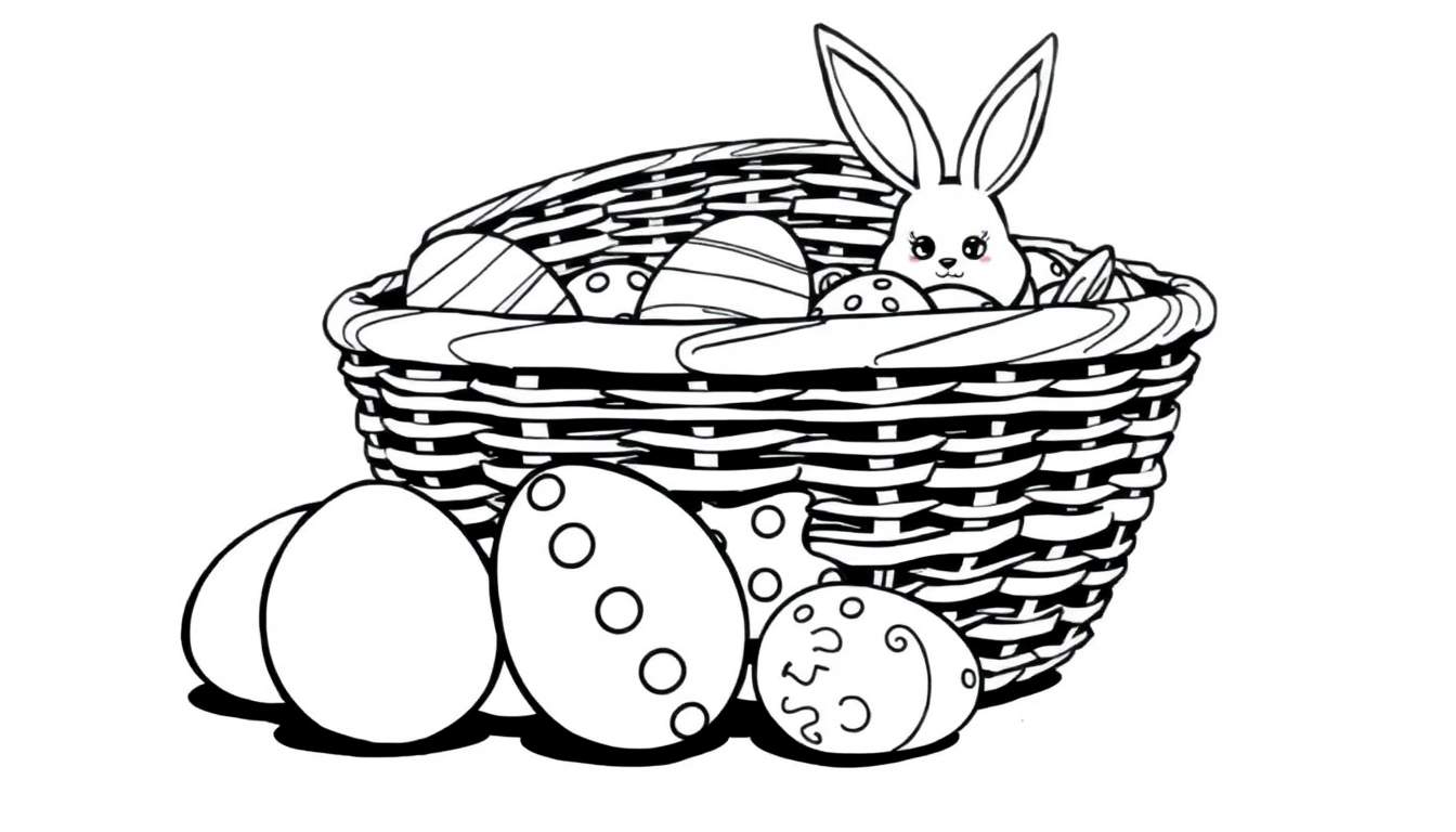 Black and white Easter color panel with a basket and bunny.