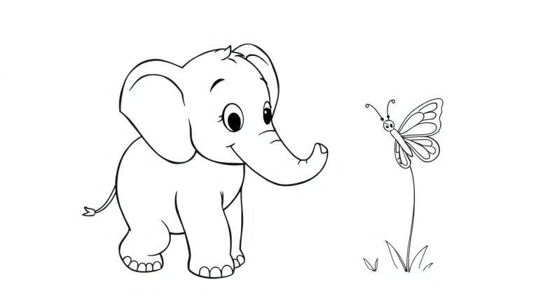 A cute elephant and butterfly coloring panel.