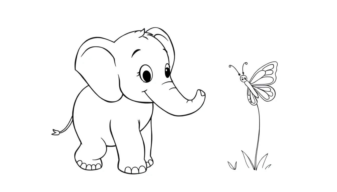 A cute elephant and butterfly coloring panel.