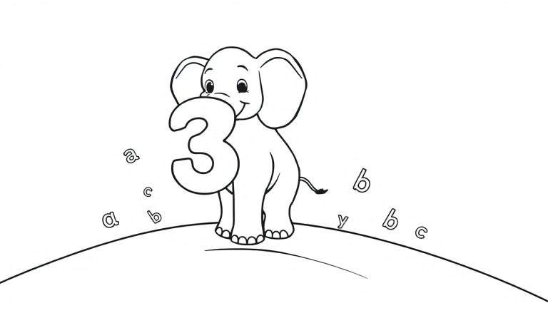 A cute cartoon elephant holding the number 3, on a hill with letters a, b, c, and y. A color panel for kids.