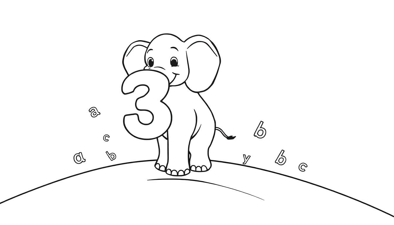 A cute cartoon elephant holding the number 3, on a hill with letters a, b, c, and y. A color panel for kids.