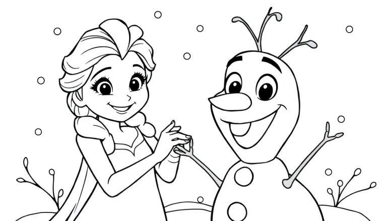 A delightful color panel featuring Elsa and Olaf from Frozen, hand-in-hand amidst a snowy backdrop, ready for coloring.
