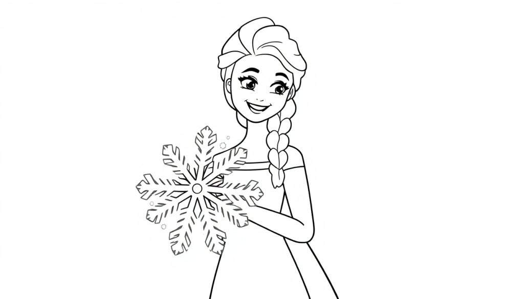 A black and white line drawing of Elsa holding a snowflake, ready for the color panel.
