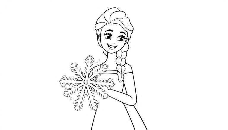A black and white line drawing of Elsa holding a snowflake, ready for the color panel.