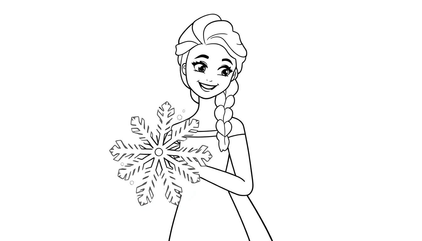 A black and white line drawing of Elsa holding a snowflake, ready for the color panel.