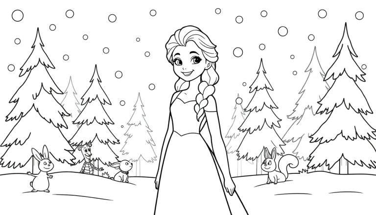 A black and white line drawing of Elsa smiling in a snowy forest, with animals and falling snow, a perfect color panel.
