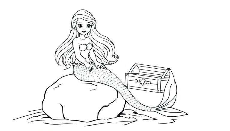 A coloring page of a mermaid sitting on a rock with a treasure chest.