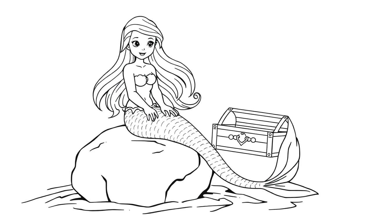 A coloring page of a mermaid sitting on a rock with a treasure chest.