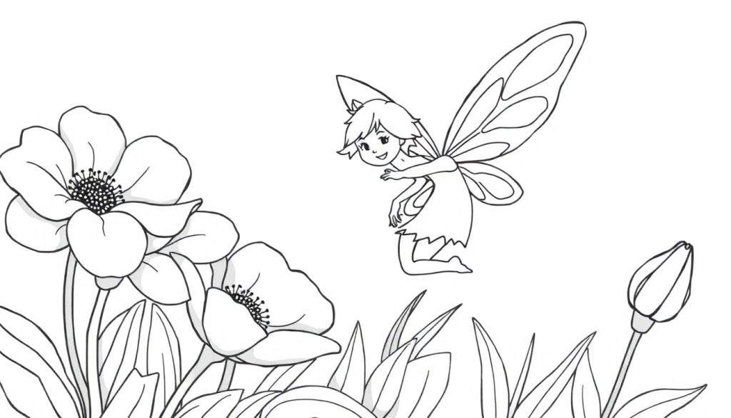 A black and white fairy illustration suitable for a color panel.