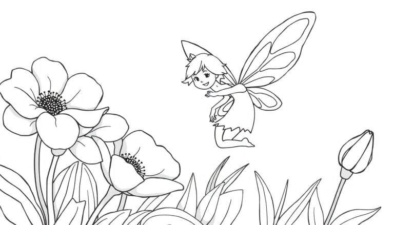 A black and white fairy illustration suitable for a color panel.