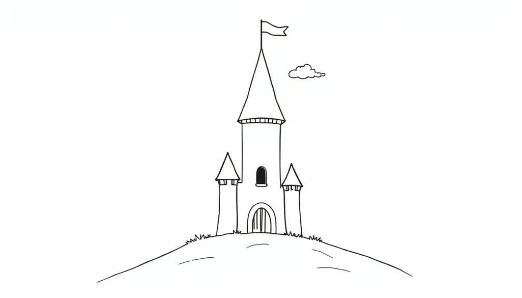 A black and white outline drawing of a cute castle on a hill, ready for a color panel.